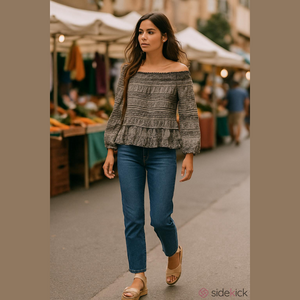 Hanii Y Elegant Gray Floral Tunic/Top 100% Silk Off Shoulder Blouse Size S/M, 38